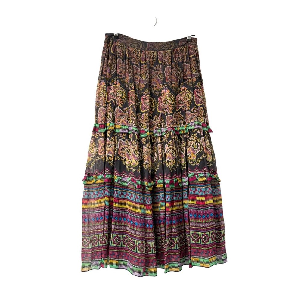 Tanvi Kedia Paisley Tribal Boho Beaded Tiered Midi Skirt Womens Size Small
